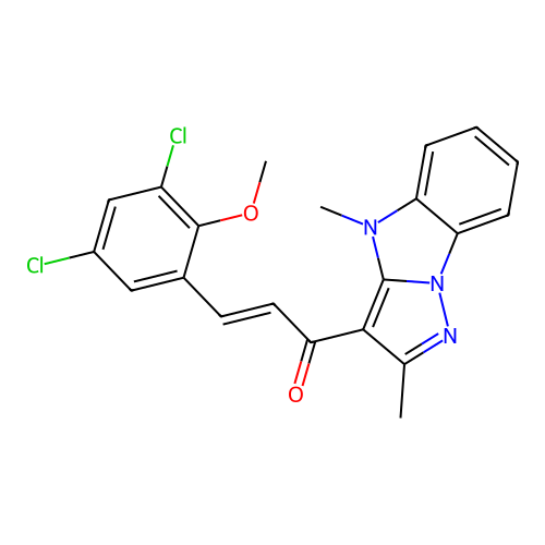 (2E)-3-(3,5-dichloro-2-methoxyphenyl)-1-(2,4-dimethyl-4H-pyrazolo[1,5-a]benzimidazol-3-yl)prop-2-en-1-one structure