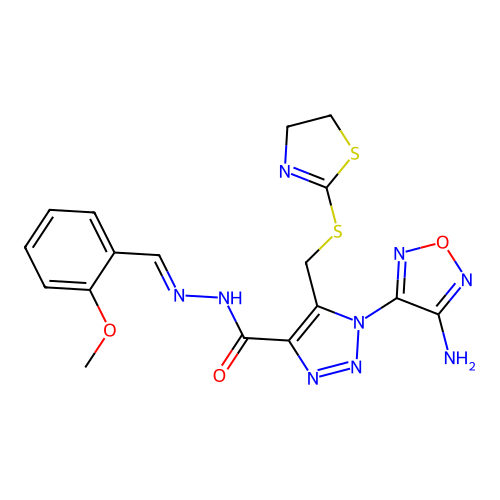 (E)-1-(4-amino-1,2,5-oxadiazol-3-yl)-5-(((4,5-dihydrothiazol-2-yl)thio)methyl)-N'-(2-methoxybenzylidene)-1H-1,2,3-triazole-4-carbohydrazide structure
