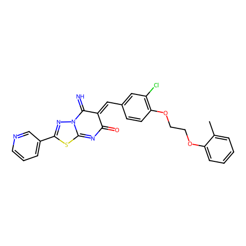 (6Z)-6-[[3-chloro-4-[2-(2-methylphenoxy)ethoxy]phenyl]methylidene]-5-imino-2-pyridin-3-yl-[1,3,4]thiadiazolo[3,2-a]pyrimidin-7-one structure