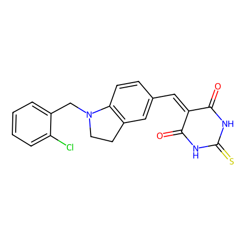 5-[[1-[(2-chlorophenyl)methyl]-2,3-dihydroindol-5-yl]methylidene]-2-sulfanylidene-1,3-diazinane-4,6-dione structure