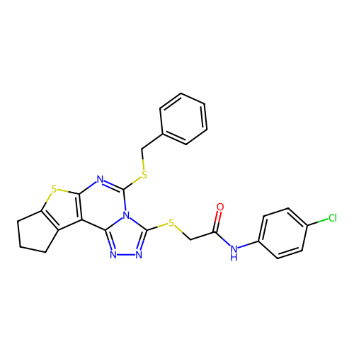 2-((5-(benzylthio)-9,10-dihydro-8H-cyclopenta[4,5]thieno[3,2-e][1,2,4]triazolo[4,3-c]pyrimidin-3-yl)thio)-N-(4-chlorophenyl)acetamide structure