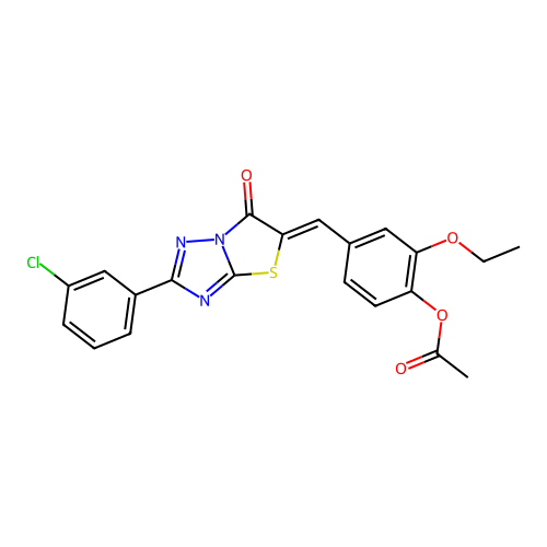 4-{(Z)-[2-(3-chlorophenyl)-6-oxo[1,3]thiazolo[3,2-b][1,2,4]triazol-5(6H)-ylidene]methyl}-2-ethoxyphenyl acetate structure