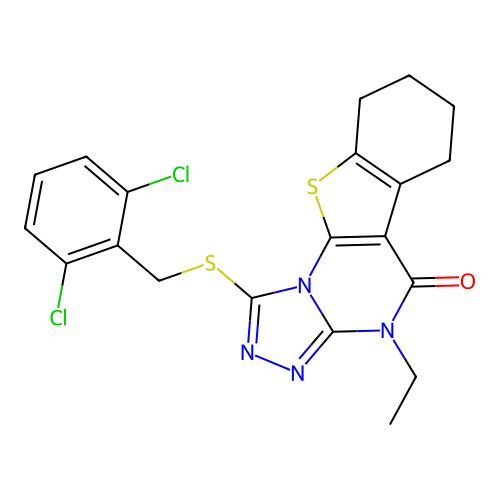 1-((2,6-dichlorobenzyl)thio)-4-ethyl-6,7,8,9-tetrahydrobenzo[4,5]thieno[3,2-e][1,2,4]triazolo[4,3-a]pyrimidin-5(4H)-one structure