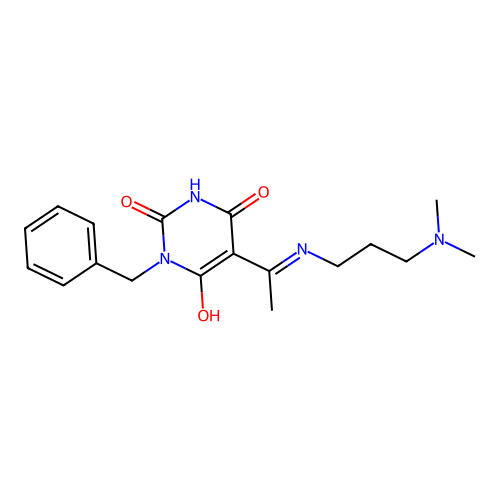 (5E)-1-benzyl-5-[1-[3-(dimethylamino)propylamino]ethylidene]-1,3-diazinane-2,4,6-trione structure