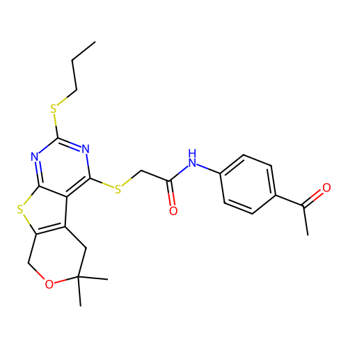 N-(4-acetylphenyl)-2-((6,6-dimethyl-2-(propylthio)-6,8-dihydro-5H-pyrano[4',3':4,5]thieno[2,3-d]pyrimidin-4-yl)thio)acetamide structure