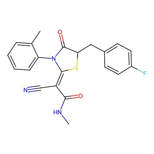 (2Z)-2-cyano-2-[5-(4-fluorobenzyl)-3-(2-methylphenyl)-4-oxo-1,3-thiazolidin-2-ylidene]-N-methylethanamide structure