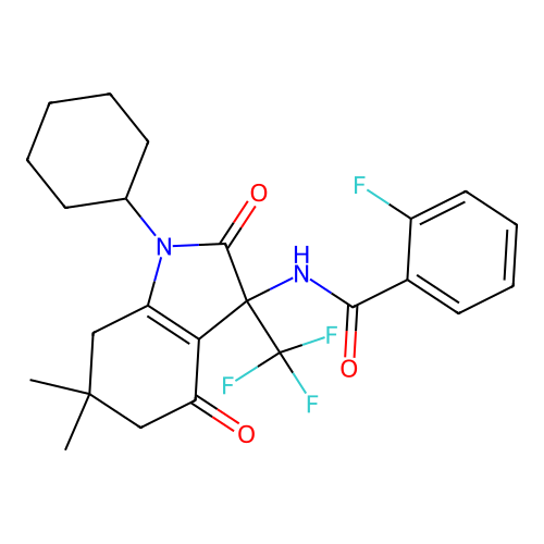 N-[1-cyclohexyl-6,6-dimethyl-2,4-dioxo-3-(trifluoromethyl)-2,3,4,5,6,7-hexahydro-1H-indol-3-yl]-2-fluorobenzamide structure