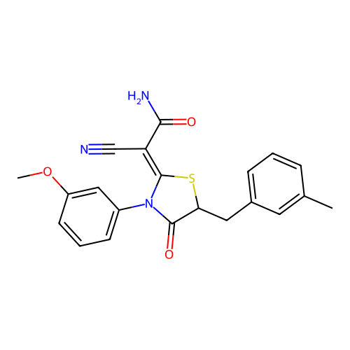 (2Z)-2-cyano-2-[3-(3-methoxyphenyl)-5-(3-methylbenzyl)-4-oxo-1,3-thiazolidin-2-ylidene]ethanamide structure