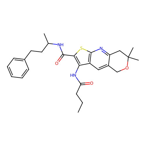 3-(butanoylamino)-7,7-dimethyl-N-(4-phenylbutan-2-yl)-7,8-dihydro-5H-pyrano[4,3-b]thieno[3,2-e]pyridine-2-carboxamide structure