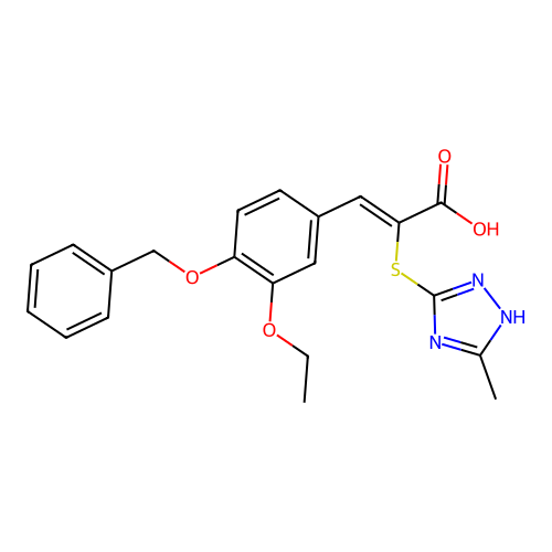 (2Z)-3-[4-(benzyloxy)-3-ethoxyphenyl]-2-[(3-methyl-1H-1,2,4-triazol-4-ium-5-yl)sulfanyl]prop-2-enoate structure