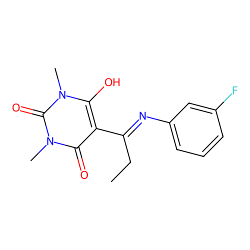 5-(1-((3-fluorophenyl)amino)propylidene)-1,3-dimethylpyrimidine-2,4,6(1H,3H,5H)-trione structure
