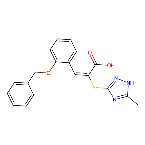 (E)-3-(2-(benzyloxy)phenyl)-2-((5-methyl-4H-1,2,4-triazol-3-yl)thio)acrylic acid structure