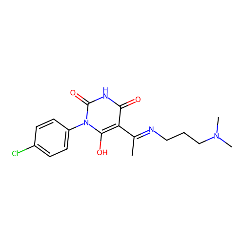 (E)-1-(4-chlorophenyl)-5-(1-((3-(dimethylamino)propyl)amino)ethylidene)pyrimidine-2,4,6(1H,3H,5H)-trione structure