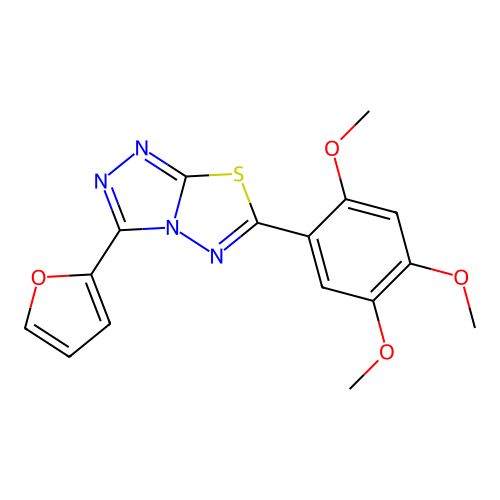 3-(furan-2-yl)-6-(2,4,5-trimethoxyphenyl)-[1,2,4]triazolo[3,4-b][1,3,4]thiadiazole structure