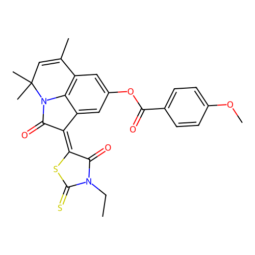 (1Z)-1-(3-ethyl-4-oxo-2-thioxo-1,3-thiazolidin-5-ylidene)-4,4,6-trimethyl-2-oxo-1,2-dihydro-4H-pyrrolo[3,2,1-ij]quinolin-8-yl 4-methoxybenzoate structure