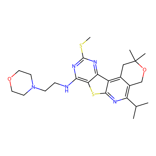 2,2-dimethyl-10-(methylsulfanyl)-N-[2-(morpholin-4-yl)ethyl]-5-(propan-2-yl)-1,4-dihydro-2H-pyrano[4'',3'':4',5']pyrido[3',2':4,5]thieno[3,2-d]pyrimidin-8-amine structure