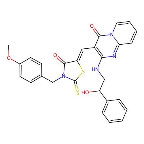 2-[(2-hydroxy-2-phenylethyl)amino]-3-{(Z)-[3-(4-methoxybenzyl)-4-oxo-2-thioxo-1,3-thiazolidin-5-ylidene]methyl}-4H-pyrido[1,2-a]pyrimidin-4-one structure