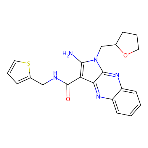2-amino-1-((tetrahydrofuran-2-yl)methyl)-N-(thiophen-2-ylmethyl)-1H-pyrrolo[2,3-b]quinoxaline-3-carboxamide structure