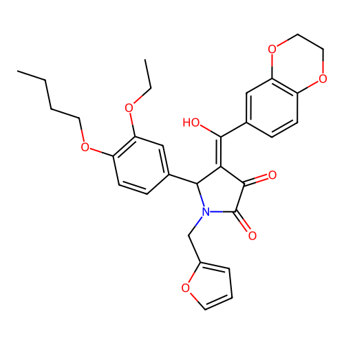 (4E)-5-(4-butoxy-3-ethoxyphenyl)-4-[2,3-dihydro-1,4-benzodioxin-6-yl(hydroxy)methylidene]-1-(furan-2-ylmethyl)pyrrolidine-2,3-dione structure
