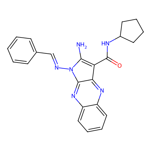 (E)-2-amino-1-(benzylideneamino)-N-cyclopentyl-1H-pyrrolo[2,3-b]quinoxaline-3-carboxamide structure