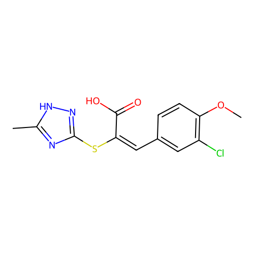 (E)-3-(3-chloro-4-methoxyphenyl)-2-((5-methyl-4H-1,2,4-triazol-3-yl)thio)acrylic acid structure
