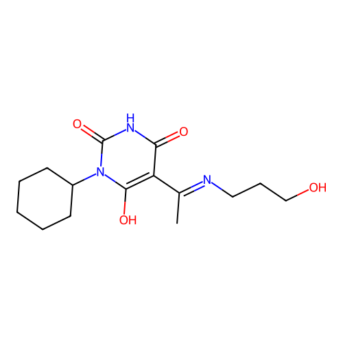 1-cyclohexyl-5-[1-(3-hydroxypropylamino)ethylidene]-1,3-diazinane-2,4,6-trione structure