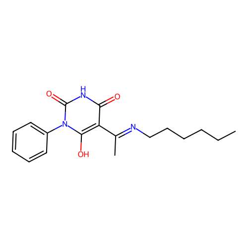 (5E)-5-[1-(hexylamino)ethylidene]-6-hydroxy-3-phenylpyrimidine-2,4(3H,5H)-dione structure