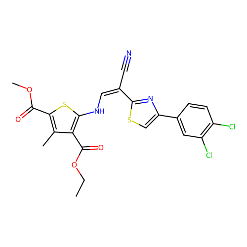 (Z)-4-ethyl 2-methyl 5-((2-cyano-2-(4-(3,4-dichlorophenyl)thiazol-2-yl)vinyl)amino)-3-methylthiophene-2,4-dicarboxylate structure