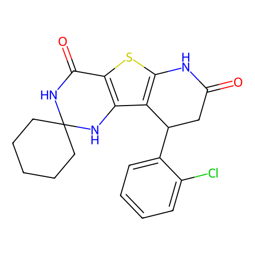 9'-(2-chlorophenyl)-7'-hydroxy-8',9'-dihydro-1'H-spiro[cyclohexane-1,2'-pyrido[3',2':4,5]thieno[3,2-d]pyrimidin]-4'(3'H)-one structure