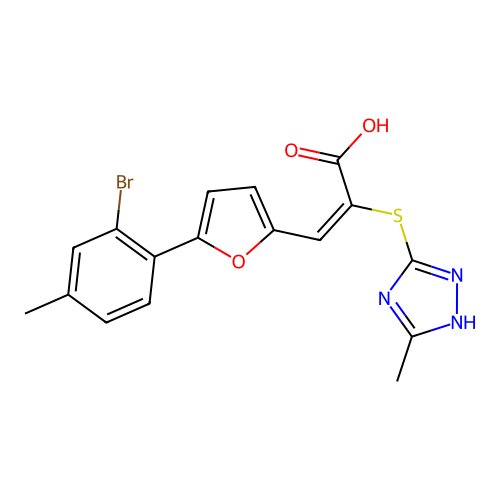 (2E)-3-[5-(2-bromo-4-methylphenyl)furan-2-yl]-2-[(3-methyl-1H-1,2,4-triazol-4-ium-5-yl)sulfanyl]prop-2-enoate structure