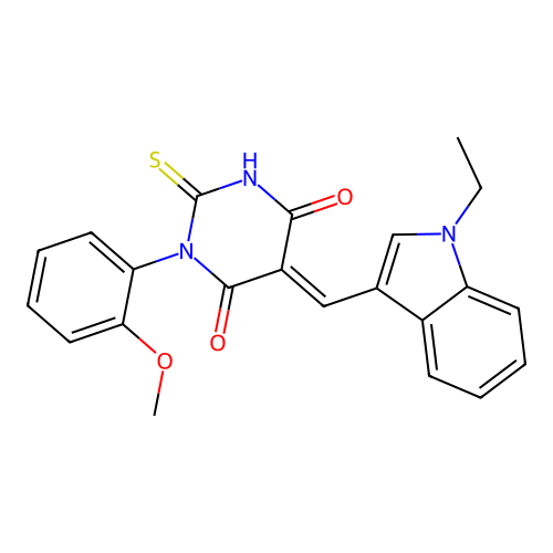 (5E)-5-[(1-ethyl-1H-indol-3-yl)methylidene]-1-(2-methoxyphenyl)-2-sulfanylpyrimidine-4,6(1H,5H)-dione structure