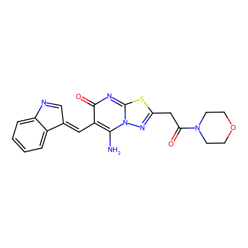 5-amino-6-[(Z)-indol-3-ylidenemethyl]-2-(2-morpholin-4-yl-2-oxoethyl)-[1,3,4]thiadiazolo[3,2-a]pyrimidin-7-one structure