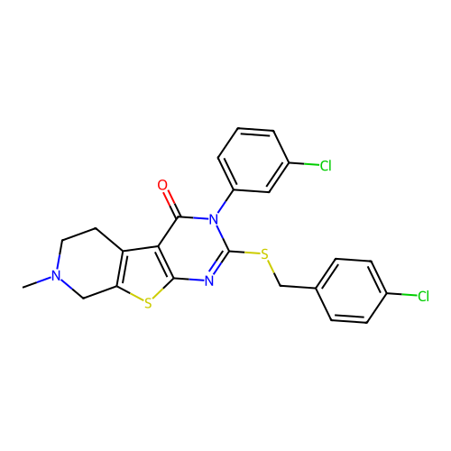 2-((4-chlorobenzyl)thio)-3-(3-chlorophenyl)-7-methyl-5,6,7,8-tetrahydropyrido[4',3':4,5]thieno[2,3-d]pyrimidin-4(3H)-one structure