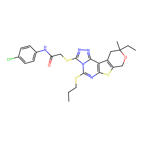 N-(4-chlorophenyl)-2-((10-ethyl-10-methyl-5-(propylthio)-10,11-dihydro-8H-pyrano[4',3':4,5]thieno[3,2-e][1,2,4]triazolo[4,3-c]pyrimidin-3-yl)thio)acetamide structure