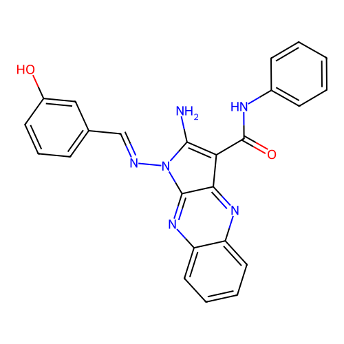 (E)-2-amino-1-((3-hydroxybenzylidene)amino)-N-phenyl-1H-pyrrolo[2,3-b]quinoxaline-3-carboxamide structure
