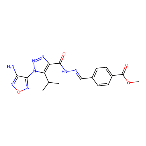 (E)-methyl 4-((2-(1-(4-amino-1,2,5-oxadiazol-3-yl)-5-isopropyl-1H-1,2,3-triazole-4-carbonyl)hydrazono)methyl)benzoate structure