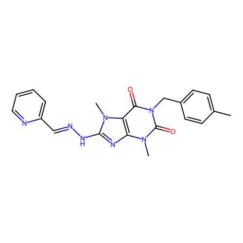 (E)-3,7-dimethyl-1-(4-methylbenzyl)-8-(2-(pyridin-2-ylmethylene)hydrazinyl)-1H-purine-2,6(3H,7H)-dione structure