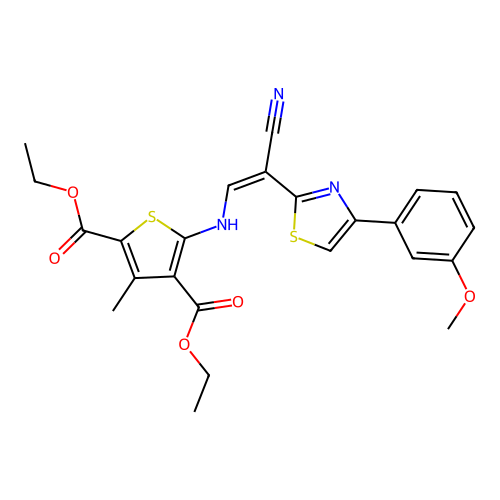 (Z)-diethyl 5-((2-cyano-2-(4-(3-methoxyphenyl)thiazol-2-yl)vinyl)amino)-3-methylthiophene-2,4-dicarboxylate structure