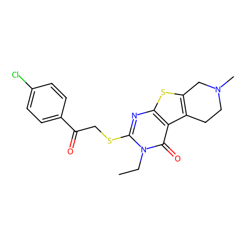 2-((2-(4-chlorophenyl)-2-oxoethyl)thio)-3-ethyl-7-methyl-5,6,7,8-tetrahydropyrido[4',3':4,5]thieno[2,3-d]pyrimidin-4(3H)-one structure
