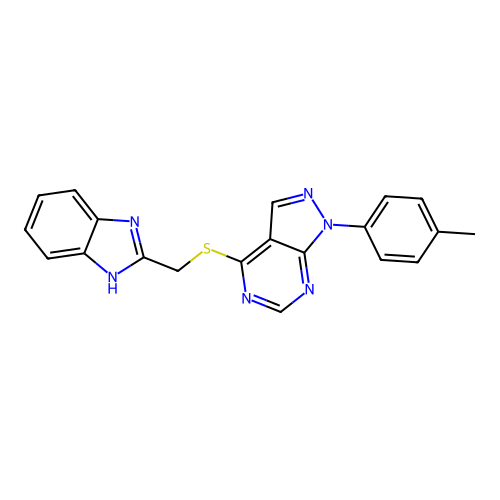 4-(((1H-benzo[d]imidazol-2-yl)methyl)thio)-1-(p-tolyl)-1H-pyrazolo[3,4-d]pyrimidine structure
