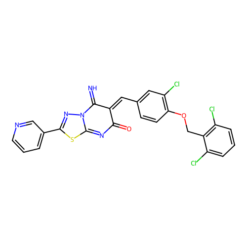 (6Z)-6-[[3-chloro-4-[(2,6-dichlorophenyl)methoxy]phenyl]methylidene]-5-imino-2-pyridin-3-yl-[1,3,4]thiadiazolo[3,2-a]pyrimidin-7-one structure