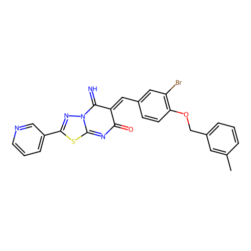 (6Z)-6-[[3-bromo-4-[(3-methylphenyl)methoxy]phenyl]methylidene]-5-imino-2-pyridin-3-yl-[1,3,4]thiadiazolo[3,2-a]pyrimidin-7-one structure