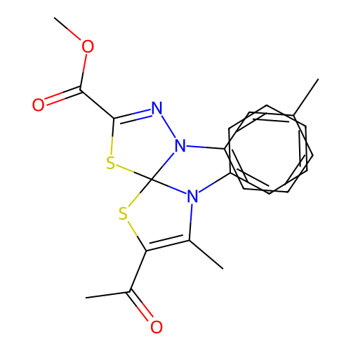 methyl 7-acetyl-8-methyl-1-(3-methylphenyl)-9-phenyl-4,6-dithia-1,2,9-triazaspiro[4.4]nona-2,7-diene-3-carboxylate structure