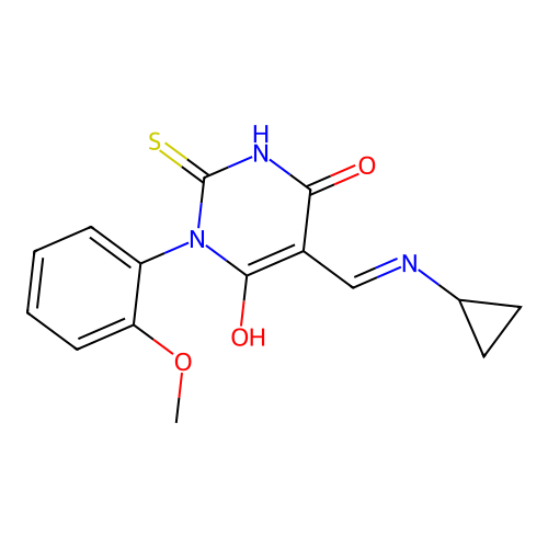 5-[(cyclopropylamino)methylidene]-1-(2-methoxyphenyl)-2-sulfanylidene-1,3-diazinane-4,6-dione structure