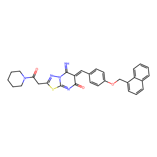 (6Z)-5-imino-6-[[4-(naphthalen-1-ylmethoxy)phenyl]methylidene]-2-(2-oxo-2-piperidin-1-ylethyl)-[1,3,4]thiadiazolo[3,2-a]pyrimidin-7-one structure