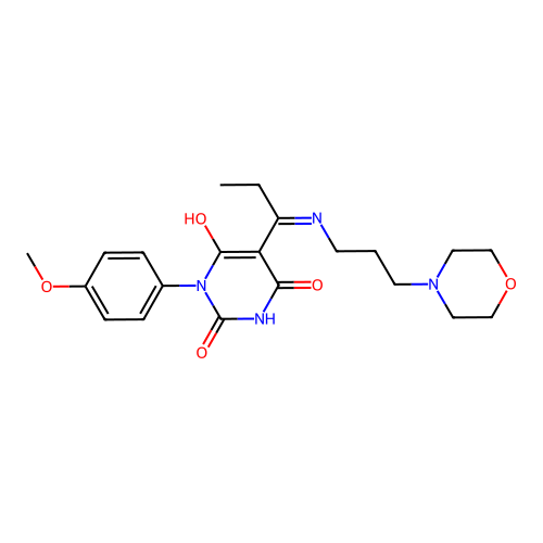 1-(4-methoxyphenyl)-5-[1-(3-morpholin-4-ylpropylamino)propylidene]-1,3-diazinane-2,4,6-trione structure