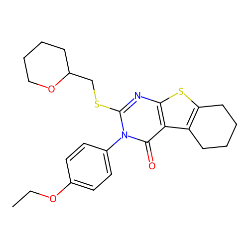 3-(4-ethoxyphenyl)-2-(((tetrahydro-2H-pyran-2-yl)methyl)thio)-5,6,7,8-tetrahydrobenzo[4,5]thieno[2,3-d]pyrimidin-4(3H)-one structure