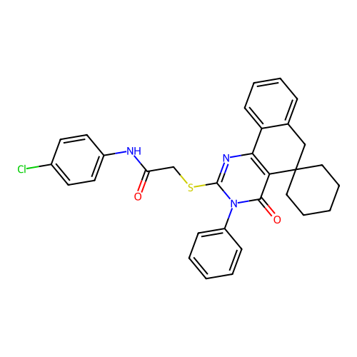 N-(4-chlorophenyl)-2-((4-oxo-3-phenyl-4,6-dihydro-3H-spiro[benzo[h]quinazoline-5,1'-cyclohexan]-2-yl)thio)acetamide structure