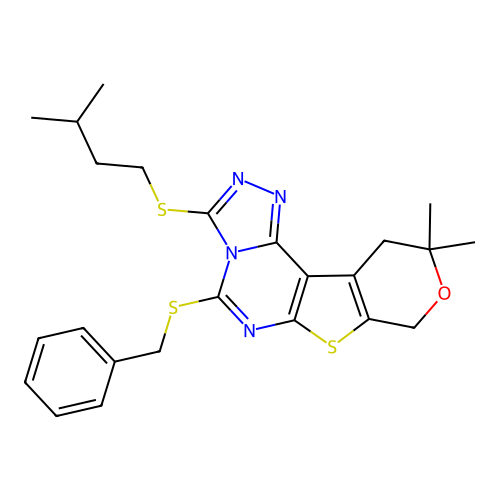 5-(benzylsulfanyl)-10,10-dimethyl-3-[(3-methylbutyl)sulfanyl]-10,11-dihydro-8H-pyrano[4',3':4,5]thieno[3,2-e][1,2,4]triazolo[4,3-c]pyrimidine structure