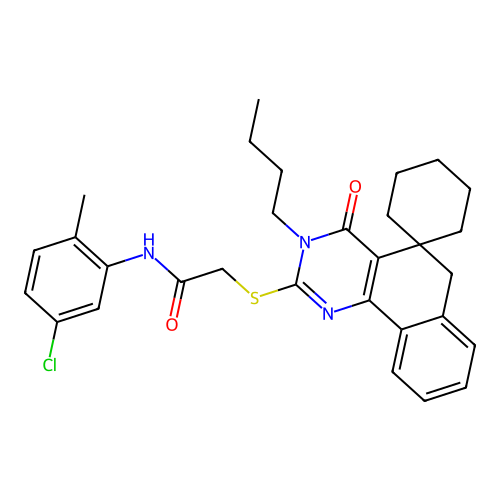 2-((3-butyl-4-oxo-4,6-dihydro-3H-spiro[benzo[h]quinazoline-5,1'-cyclohexan]-2-yl)thio)-N-(5-chloro-2-methylphenyl)acetamide structure